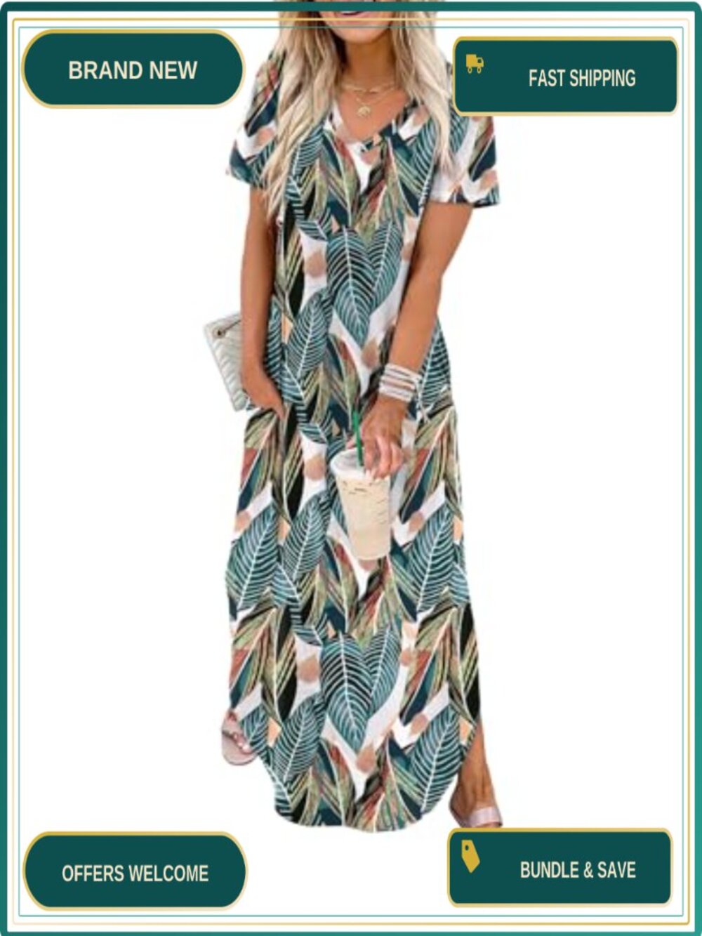 Women's Sleeveless V-Neck Maxi Dress with Side Slit & Pockets